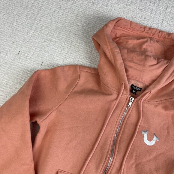 True religion Womens Sz XS Foil Silver Logo Buddha Full Zip Hoodie Pink - Picture 4 of 16